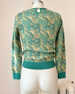 VINTAGE 1990s ELJEUNE Luxury Japanese Brand Green Paisley Sweater Crew S