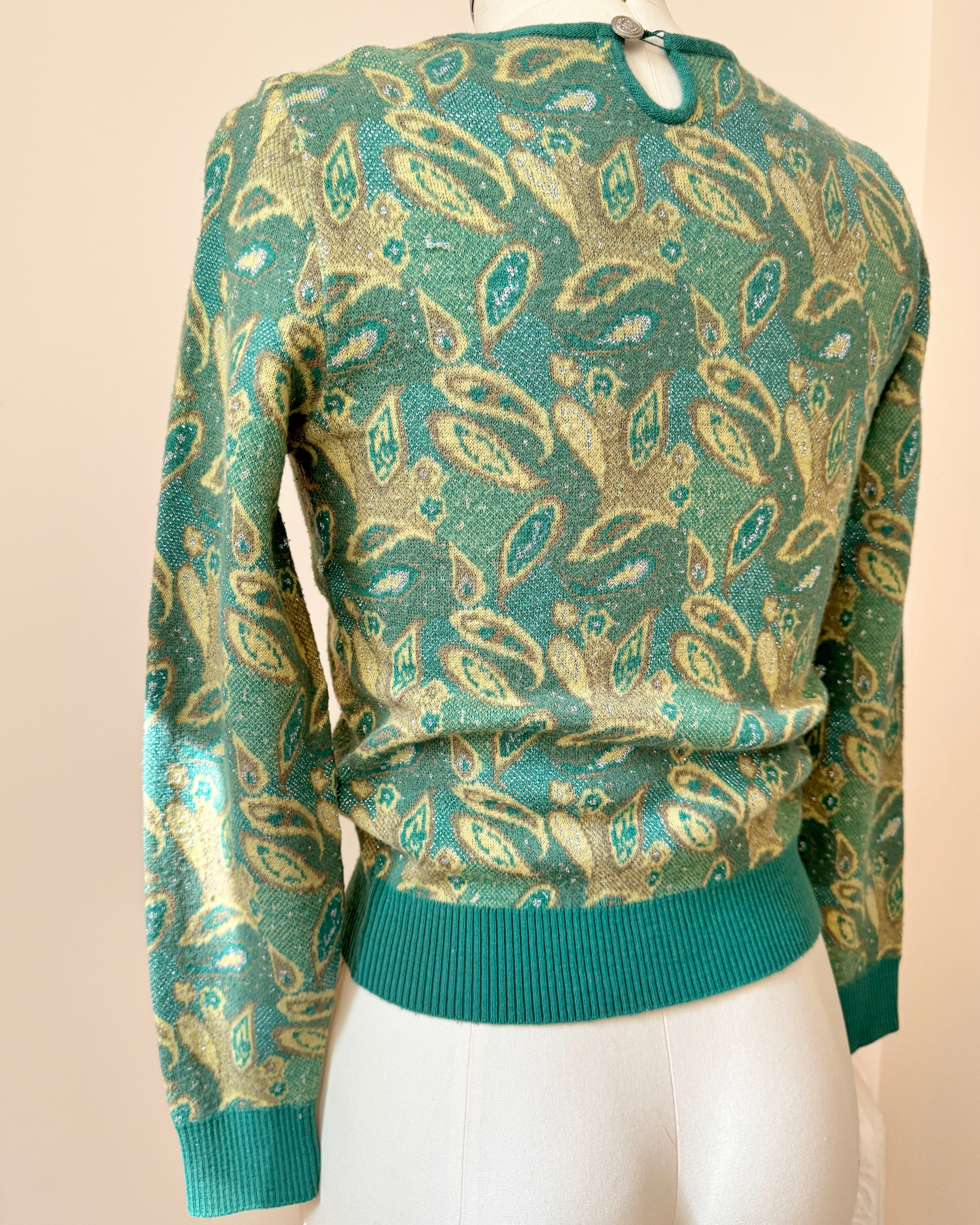 VINTAGE 1990s ELJEUNE Luxury Japanese Brand Green Paisley Sweater Crew S