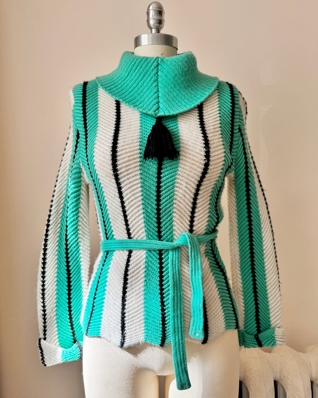 Vintage JUDYANNA 1950s Stripe Rockabilly Mock Neck Sweater Pullover with Belt and Tassel S