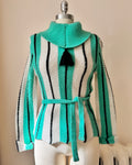 Vintage JUDYANNA 1950s Stripe Rockabilly Mock Neck Sweater Pullover with Belt and Tassel S