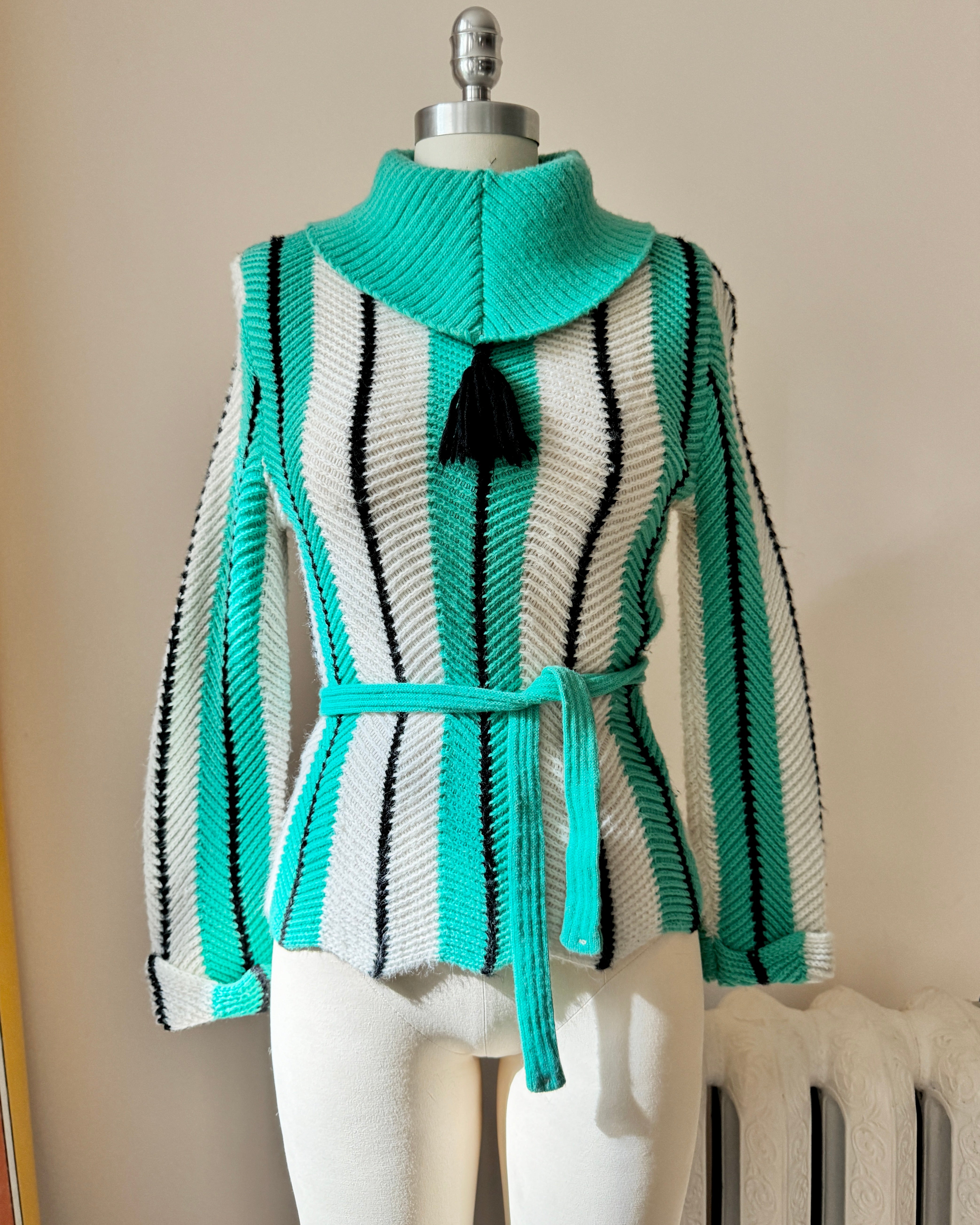 Vintage JUDYANNA 1950s Stripe Rockabilly Mock Neck Sweater Pullover with Belt and Tassel S