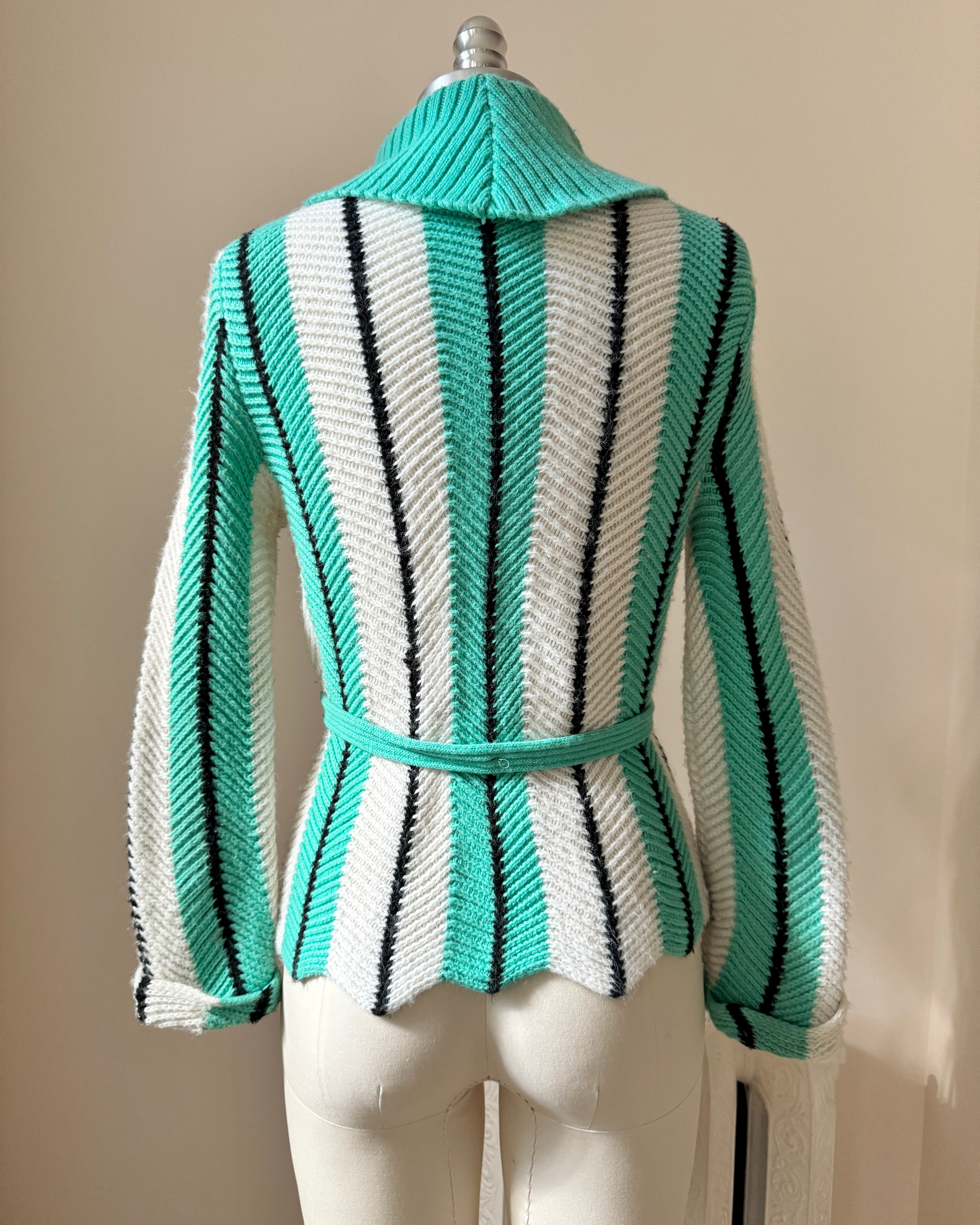 Vintage JUDYANNA 1950s Stripe Rockabilly Mock Neck Sweater Pullover with Belt and Tassel S