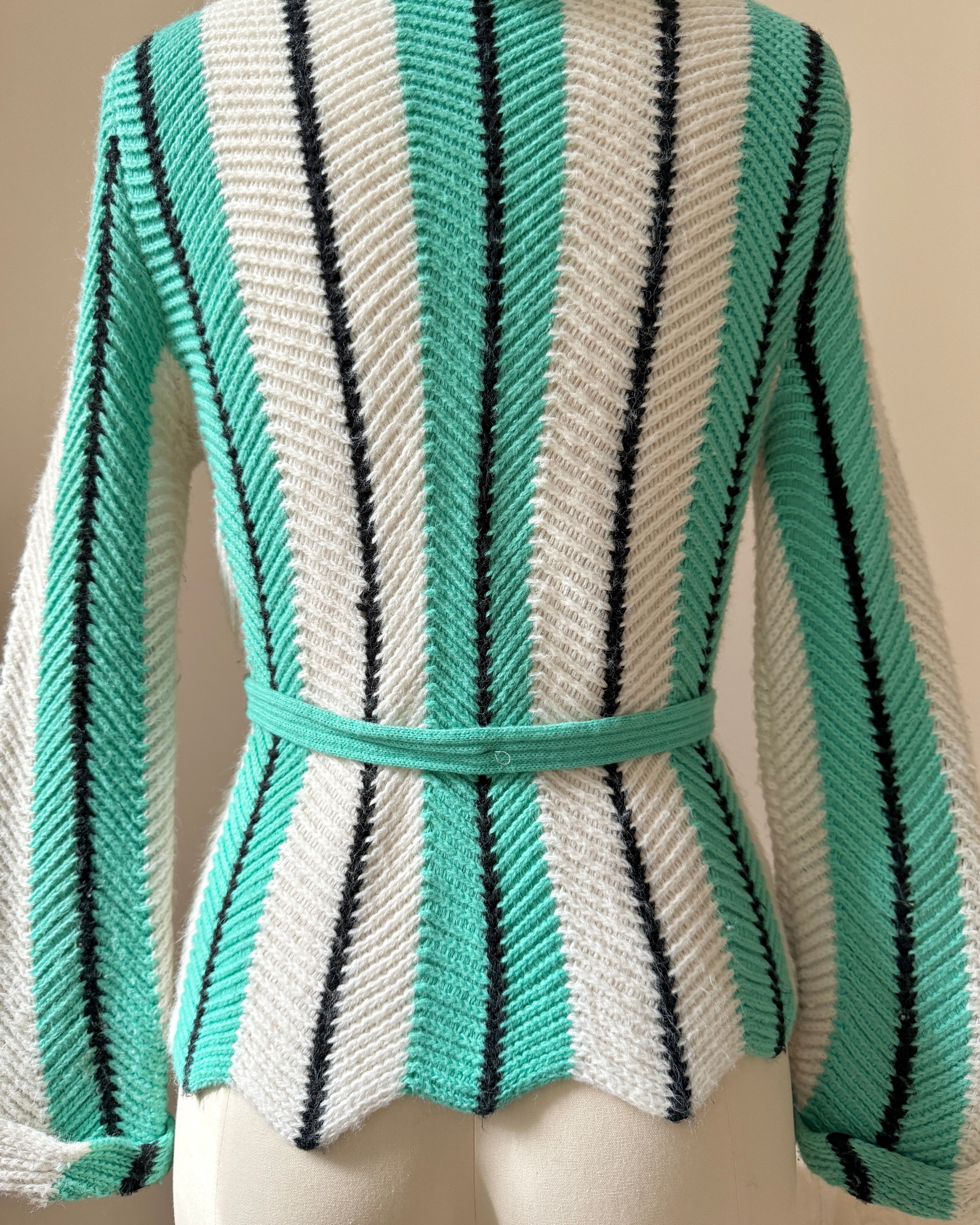 Vintage JUDYANNA 1950s Stripe Rockabilly Mock Neck Sweater Pullover with Belt and Tassel S