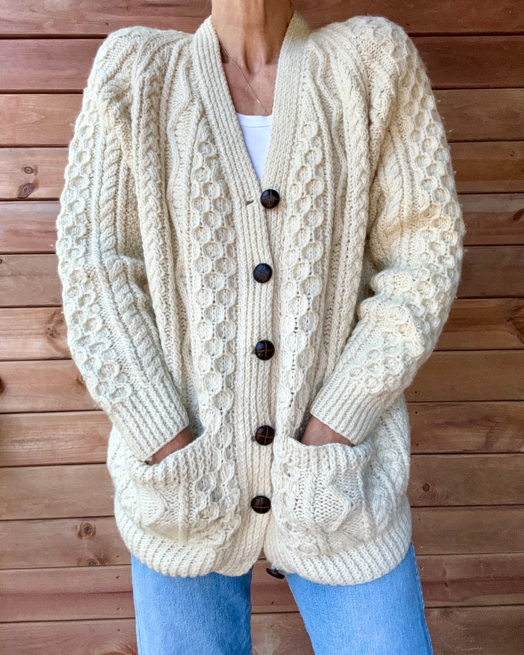 Vintage Handknit Cream Fisherman Cable Cardigan Sweater Pure Wool SM M L