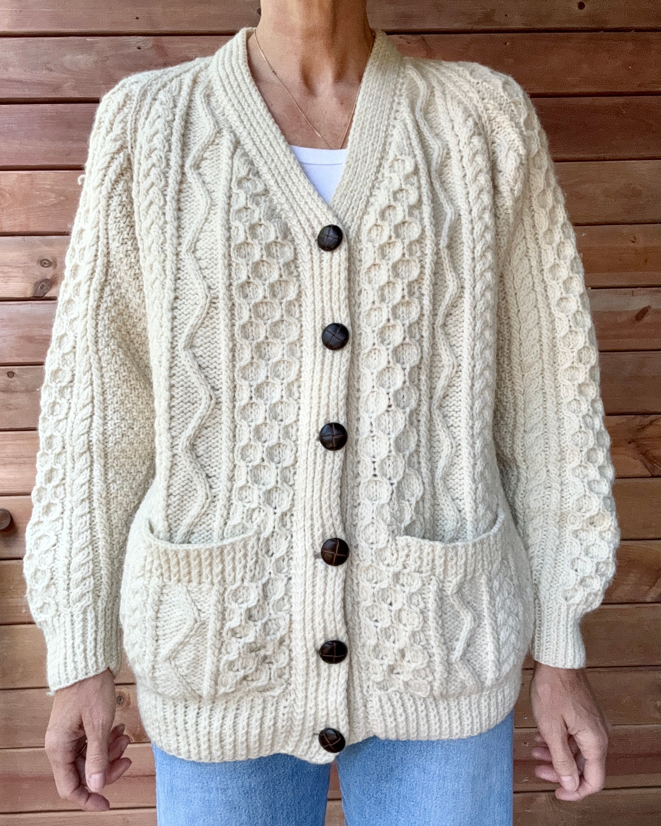 Vintage Handknit Cream Fisherman Cable Cardigan Sweater Pure Wool SM M L