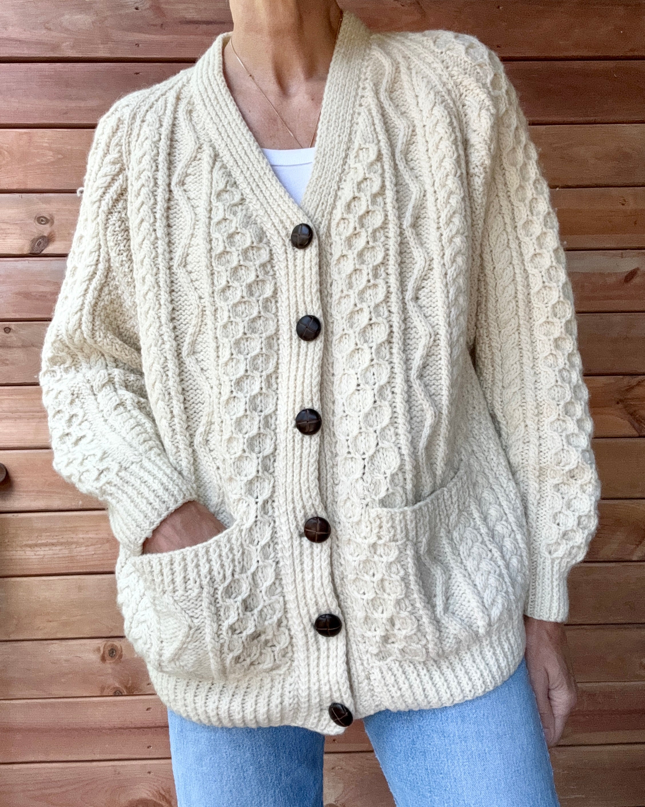 Vintage Handknit Cream Fisherman Cable Cardigan Sweater Pure Wool SM M L