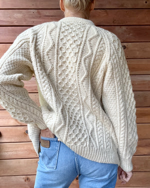 Vintage Handknit Cream Fisherman Cable Cardigan Sweater Pure Wool SM M L