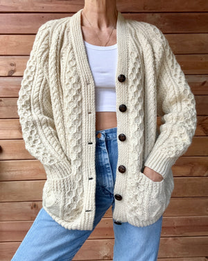 Vintage Handknit Cream Fisherman Cable Cardigan Sweater Pure Wool SM M L