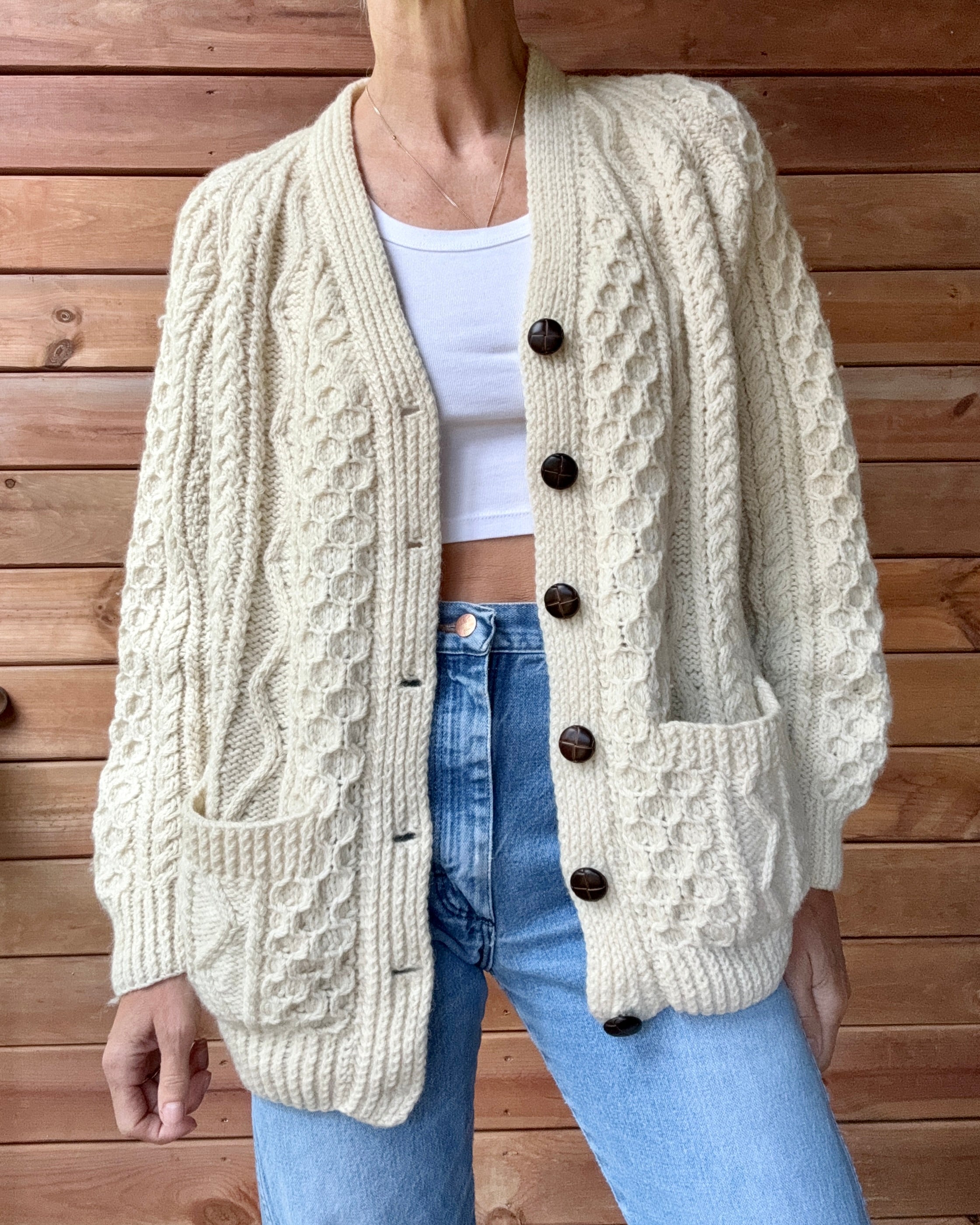 Vintage Handknit Cream Fisherman Cable Cardigan Sweater Pure Wool SM M L