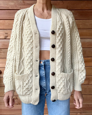 Vintage Handknit Cream Fisherman Cable Cardigan Sweater Pure Wool SM M L