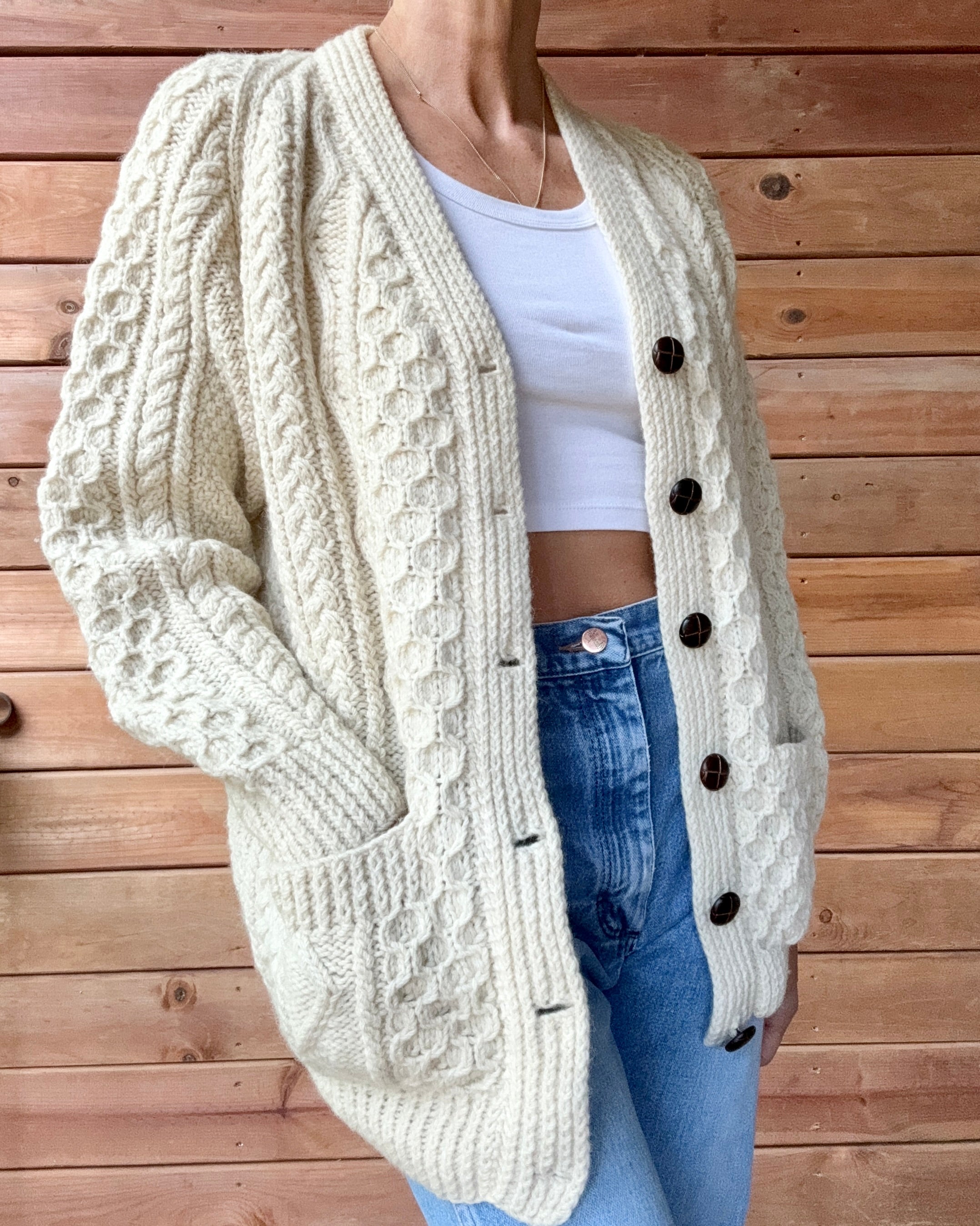 Vintage Handknit Cream Fisherman Cable Cardigan Sweater Pure Wool SM M L