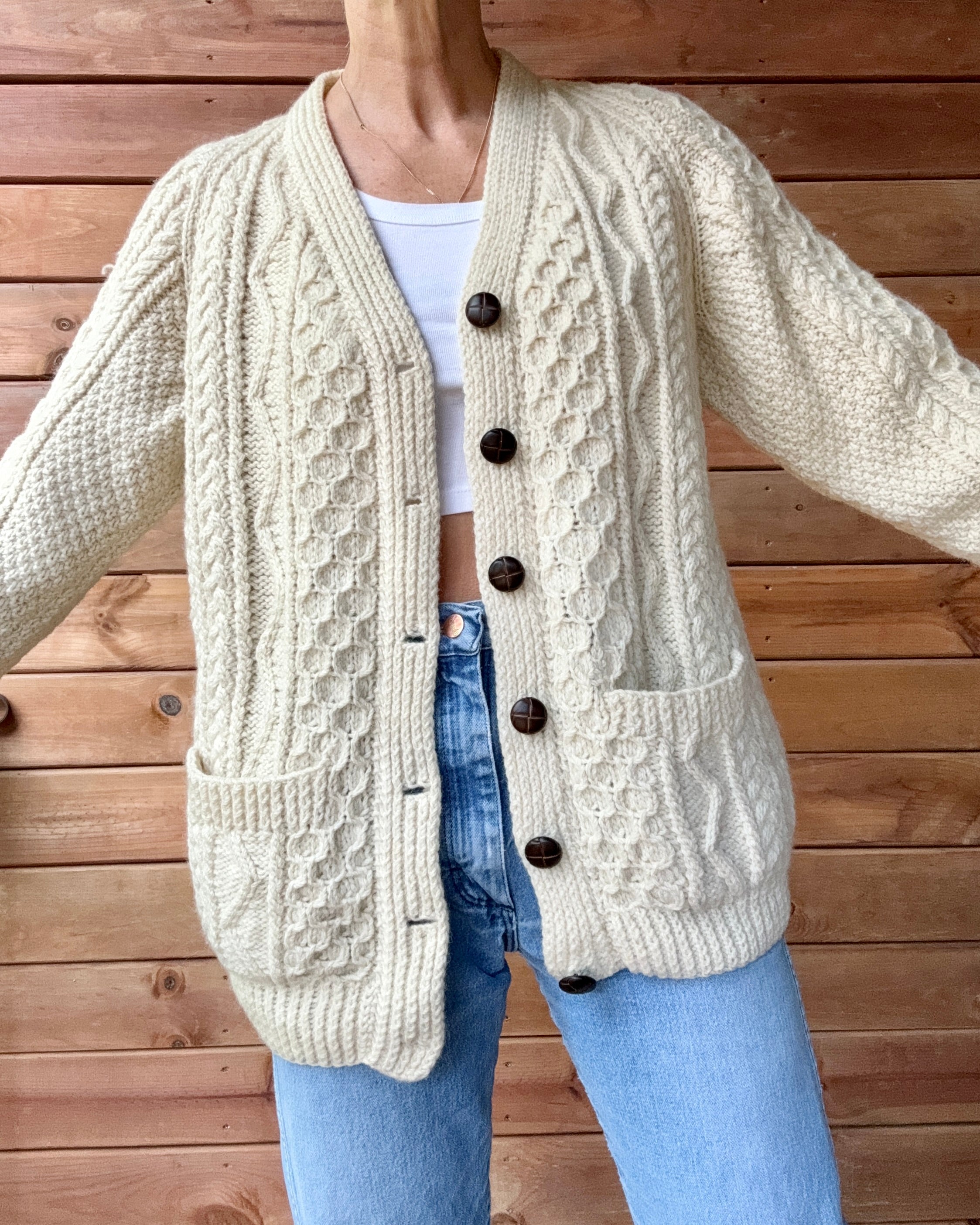 Vintage Handknit Cream Fisherman Cable Cardigan Sweater Pure Wool SM M L