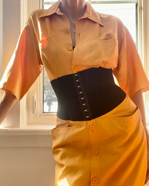 Vintage 1980s GIANFRANCO FERRE Ocre Silk Corset Shirt Dress 42 6 8 – Ardith